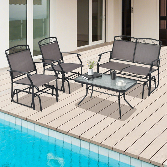 4 Piece Patio Glider Conversation Set with Tempered Glass Table Top-Brown - Tampa Home & Garden Store