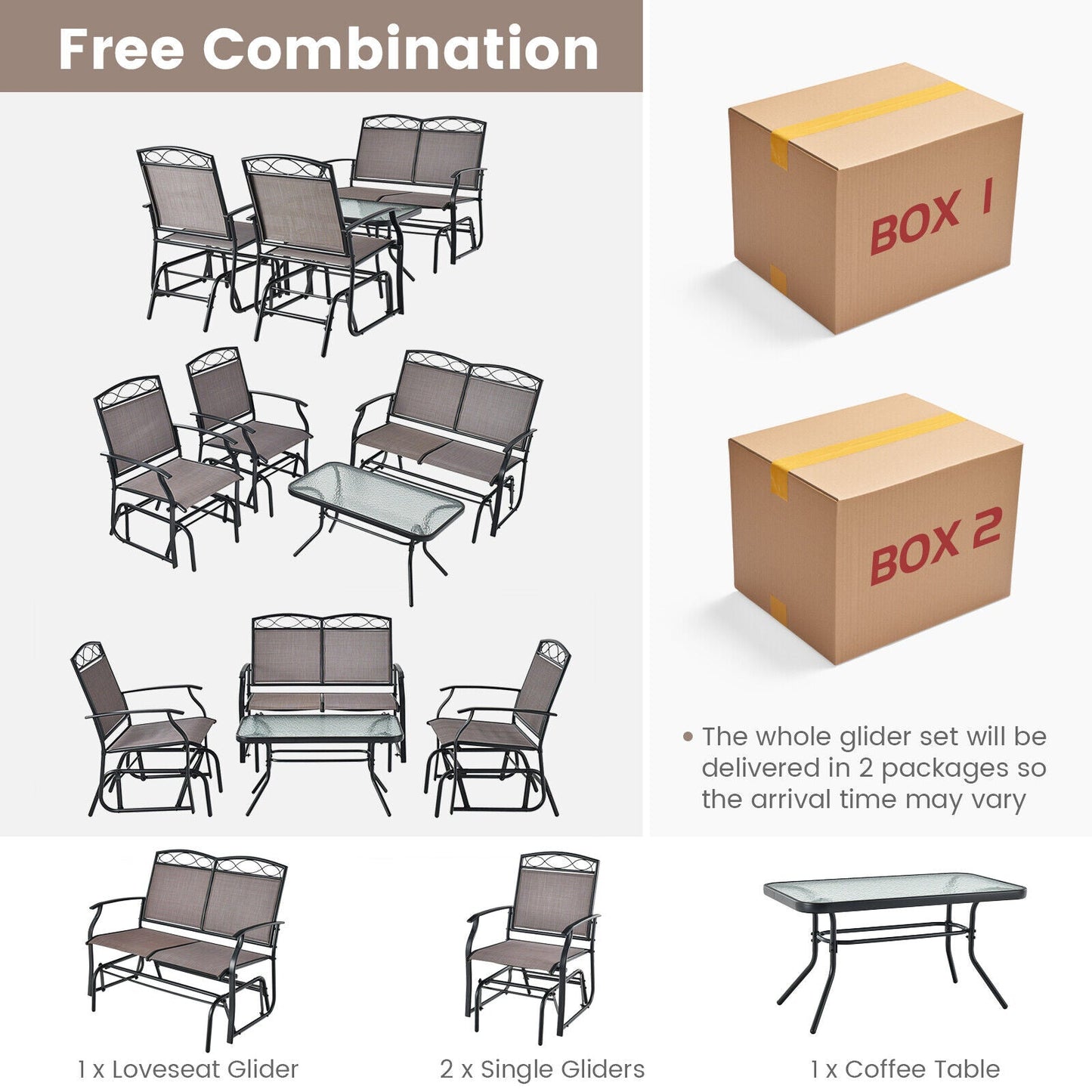 4 Piece Patio Glider Conversation Set with Tempered Glass Table Top-Brown