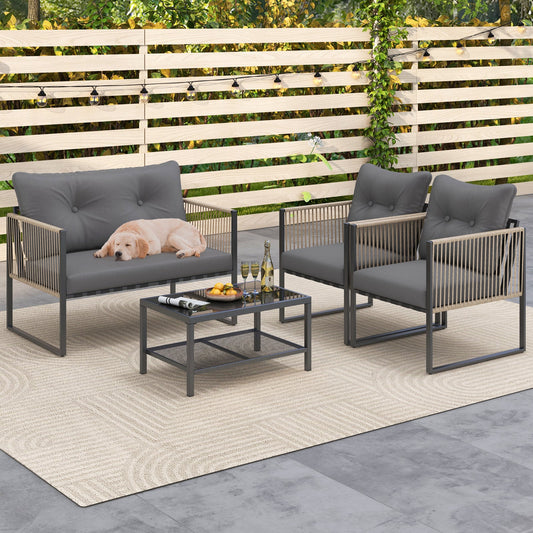 4 Pieces Outdoor PE Rattan Conversation Sofa Set with Cushions-Grey - Tampa Home & Garden Store