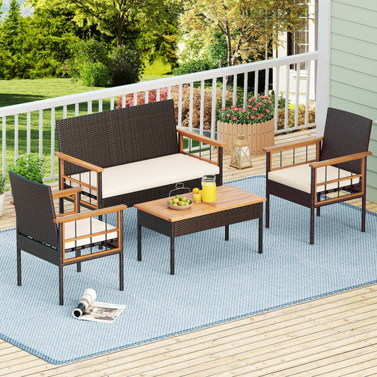 4 Pieces Wicker Furniture Set with Acacia Wood Tabletop and Armrests for Porch-White - Tampa Home & Garden Store