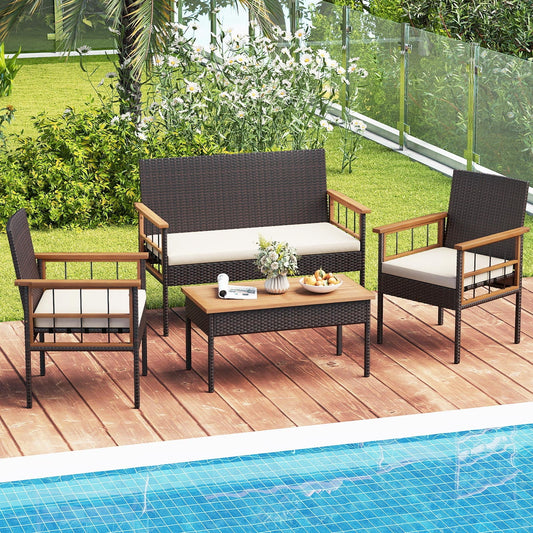 4 Pieces Wicker Furniture Set with Acacia Wood Tabletop and Armrests for Porch-White - Tampa Home & Garden Store
