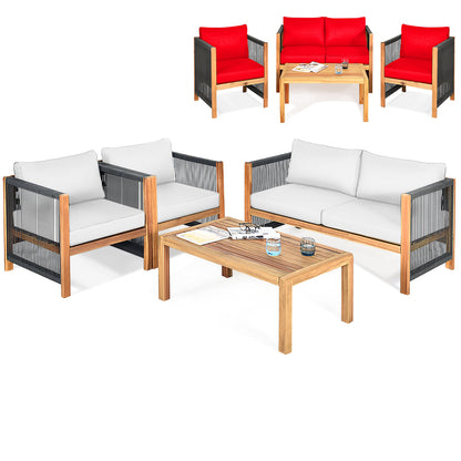 4 Pieces Wood Outdoor Patio Furniture Set with Cushions for Garden-Turquoise