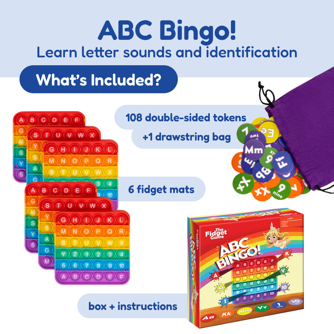 ABC Bingo kit by The Fidget Games with rainbow fidget mats and 108 tokens, bag and box on Tampa Home & Garden Store