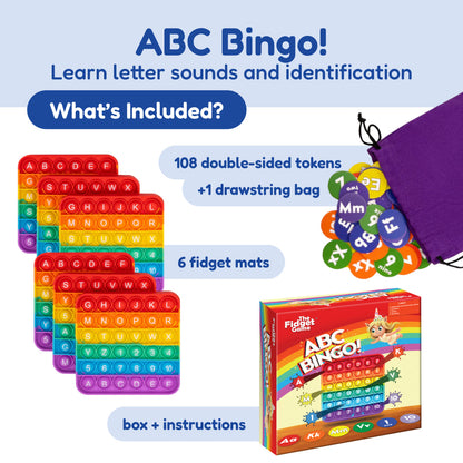 ABC Bingo kit by The Fidget Games with rainbow fidget mats and 108 tokens, bag and box on Tampa Home & Garden Store