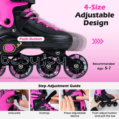 4 Size Adjustable Light Up Inline Skates for Kids