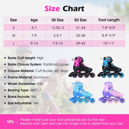 4 Size Adjustable Light Up Inline Skates for Kids