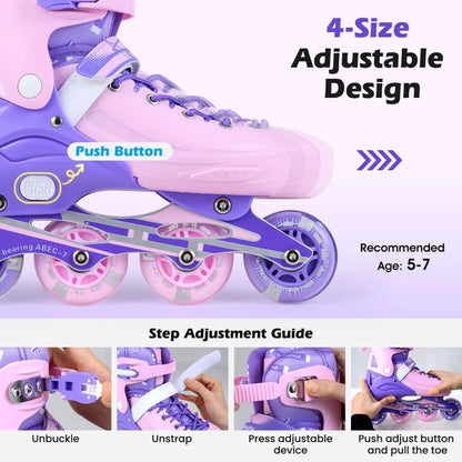 4 Size Adjustable Light Up Inline Skates for Kids