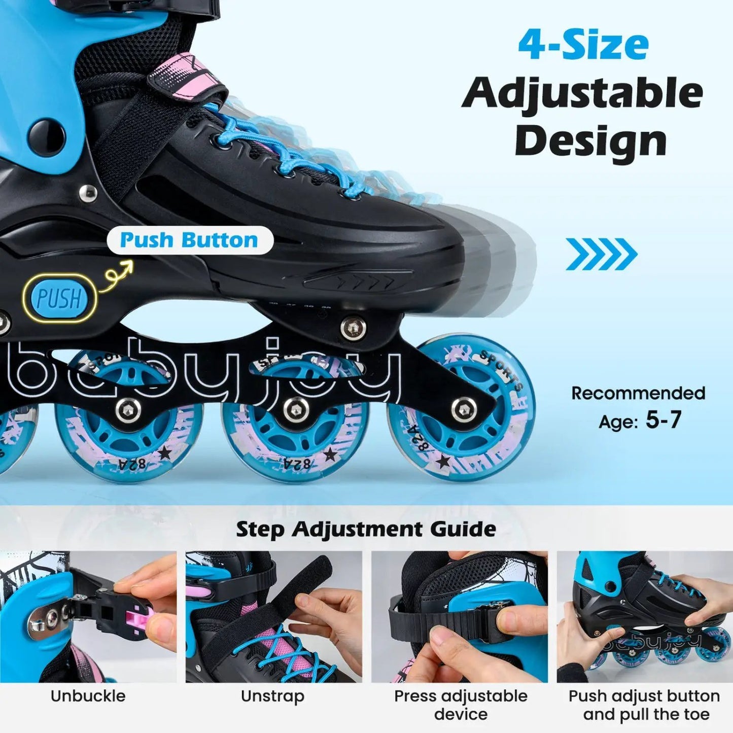 4 Size Adjustable Light Up Inline Skates for Kids