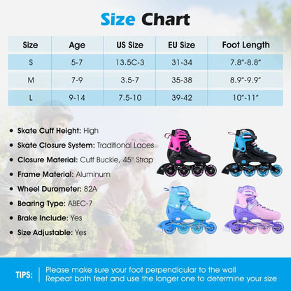 4 Size Adjustable Light Up Inline Skates for Kids