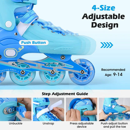 Four Size Adjustable Inline Skates Ages 9 to 14