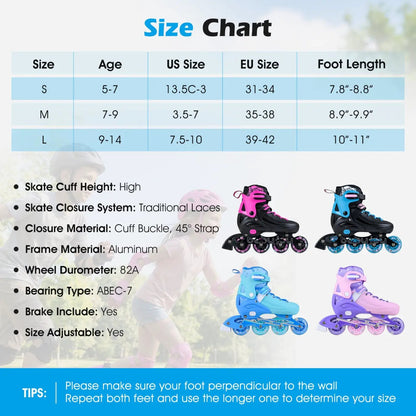Four Size Adjustable Inline Skates Ages 9 to 14