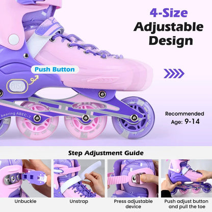 Four Size Adjustable Inline Skates Ages 9 to 14