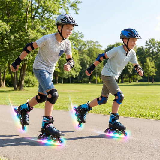 DirectDeals adjustable light-up kids inline skates with rainbow LED wheels, black/blue boots, ages 9–14 on Tampa Home & Garden Store