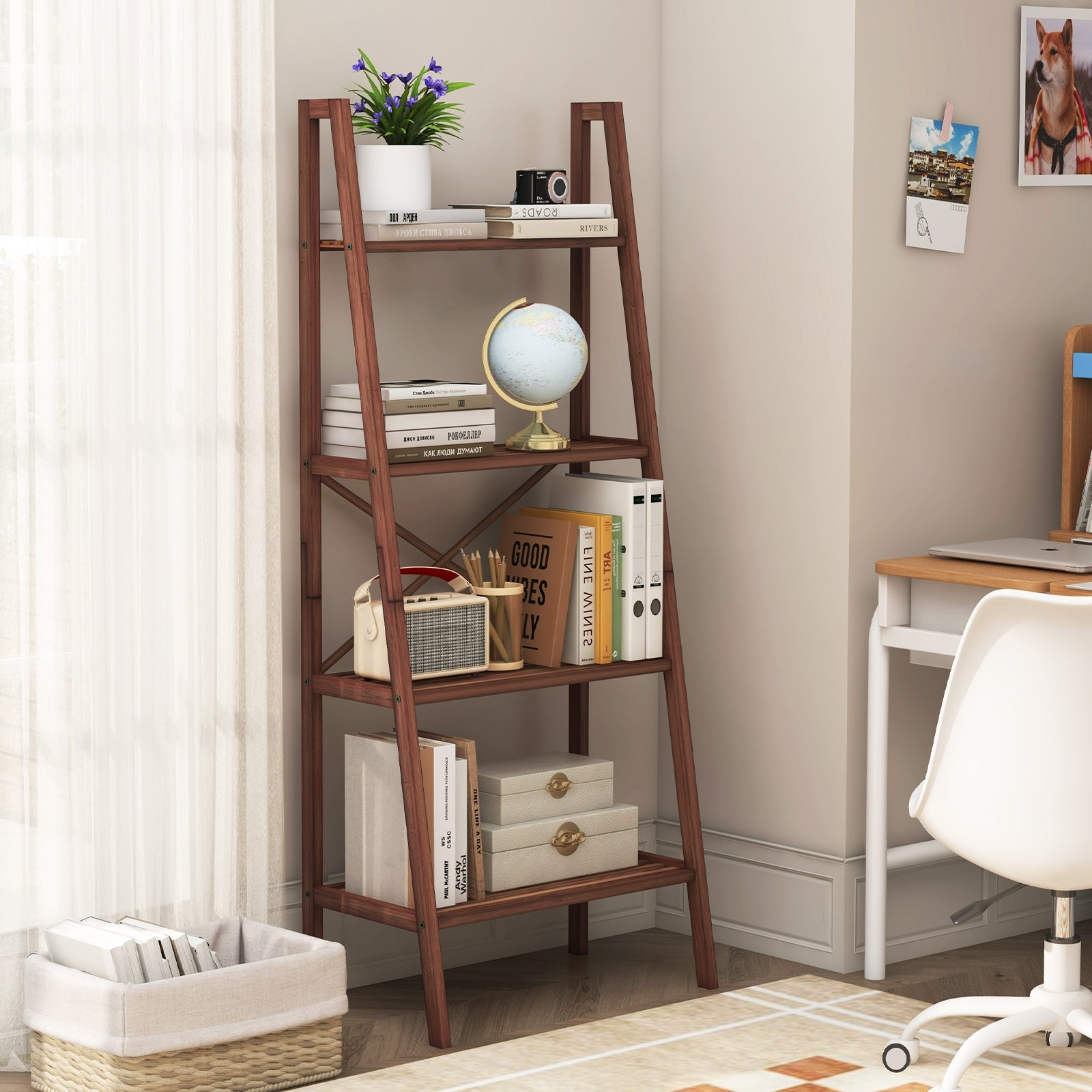 4-Tier Bamboo Ladder Bookshelf 58in Walnut by DirectDeals bookcase with plant and globe on Tampa Home & Garden Store