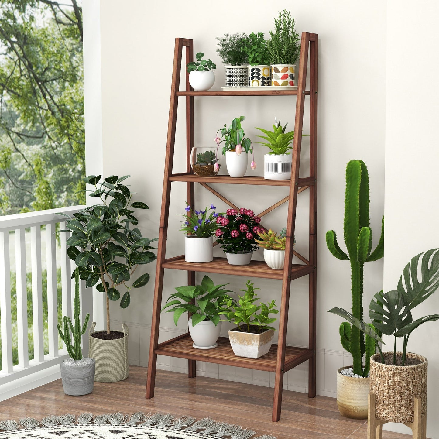 4-Tier Bamboo Ladder Bookshelf walnut finish with assorted potted plants indoors on Tampa Home & Garden Store