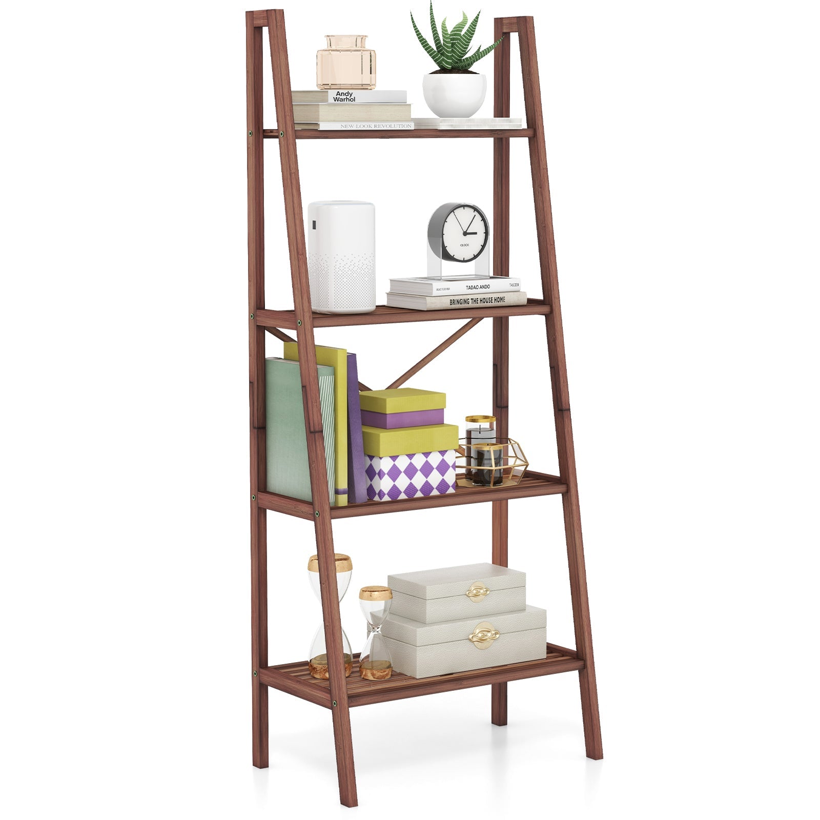 4-Tier Bamboo Ladder Bookshelf walnut finish, 58in tall, DirectDeals bookcase on Tampa Home & Garden Store