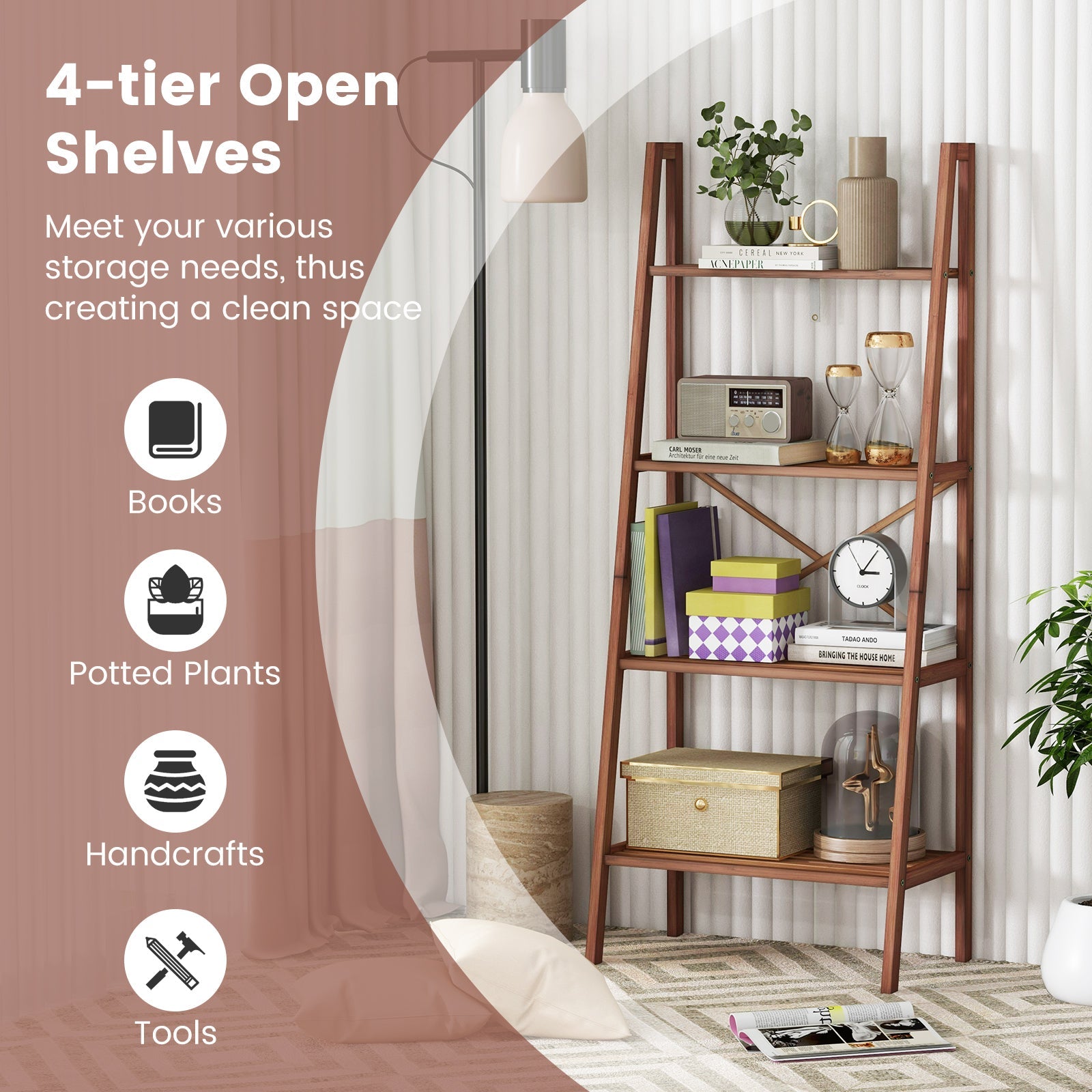 4-Tier Bamboo Ladder Bookshelf 58 Inch Walnut by DirectDeals; open bookcase with books and decor on Tampa Home & Garden Store