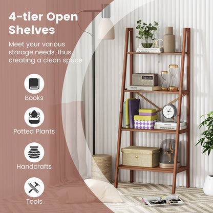 4-Tier Bamboo Ladder Bookshelf 58 Inch Walnut by DirectDeals; open bookcase with books and decor on Tampa Home & Garden Store