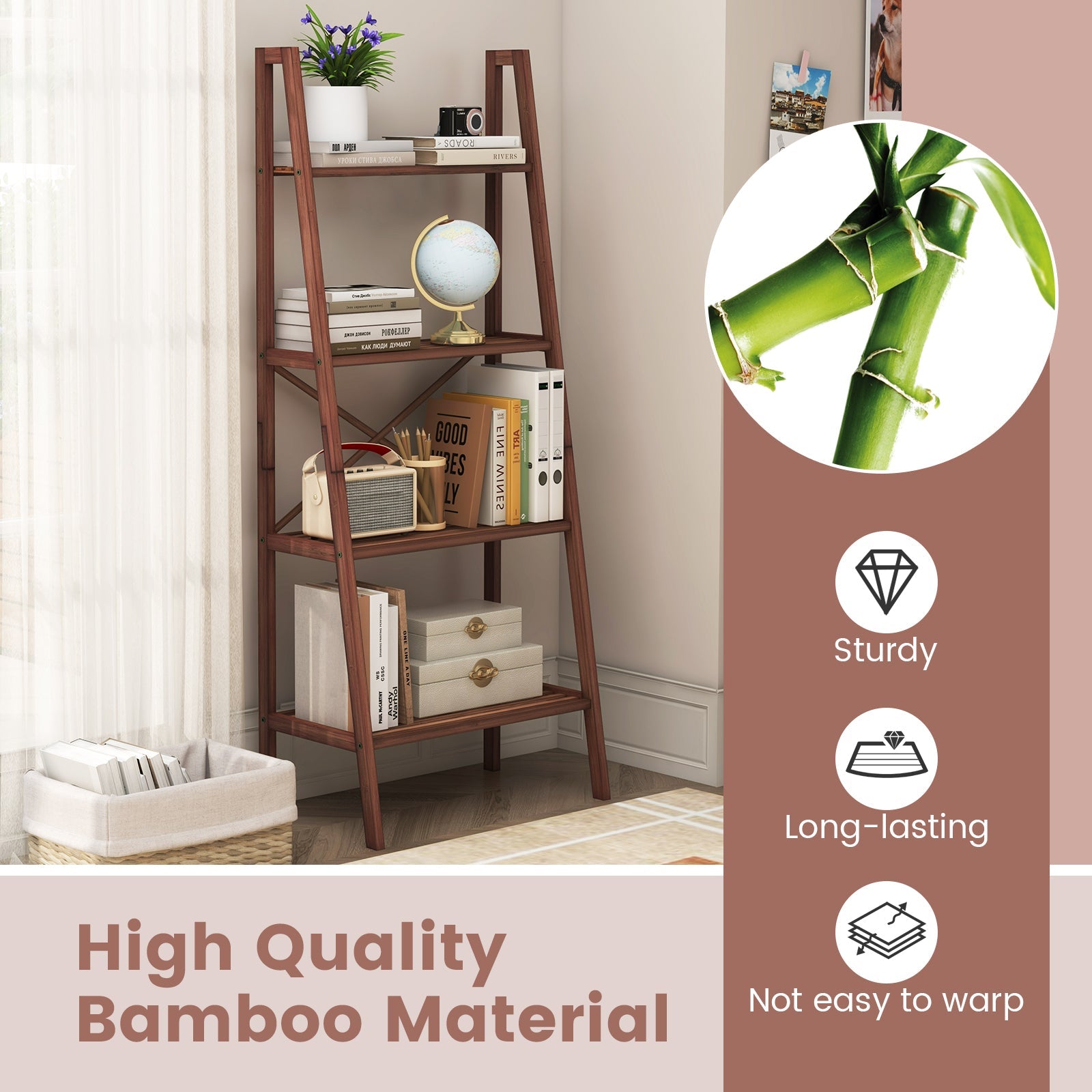 4-Tier Bamboo Ladder Bookshelf 58in Walnut by DirectDeals; walnut-finish bookcase with books on Tampa Home & Garden Store
