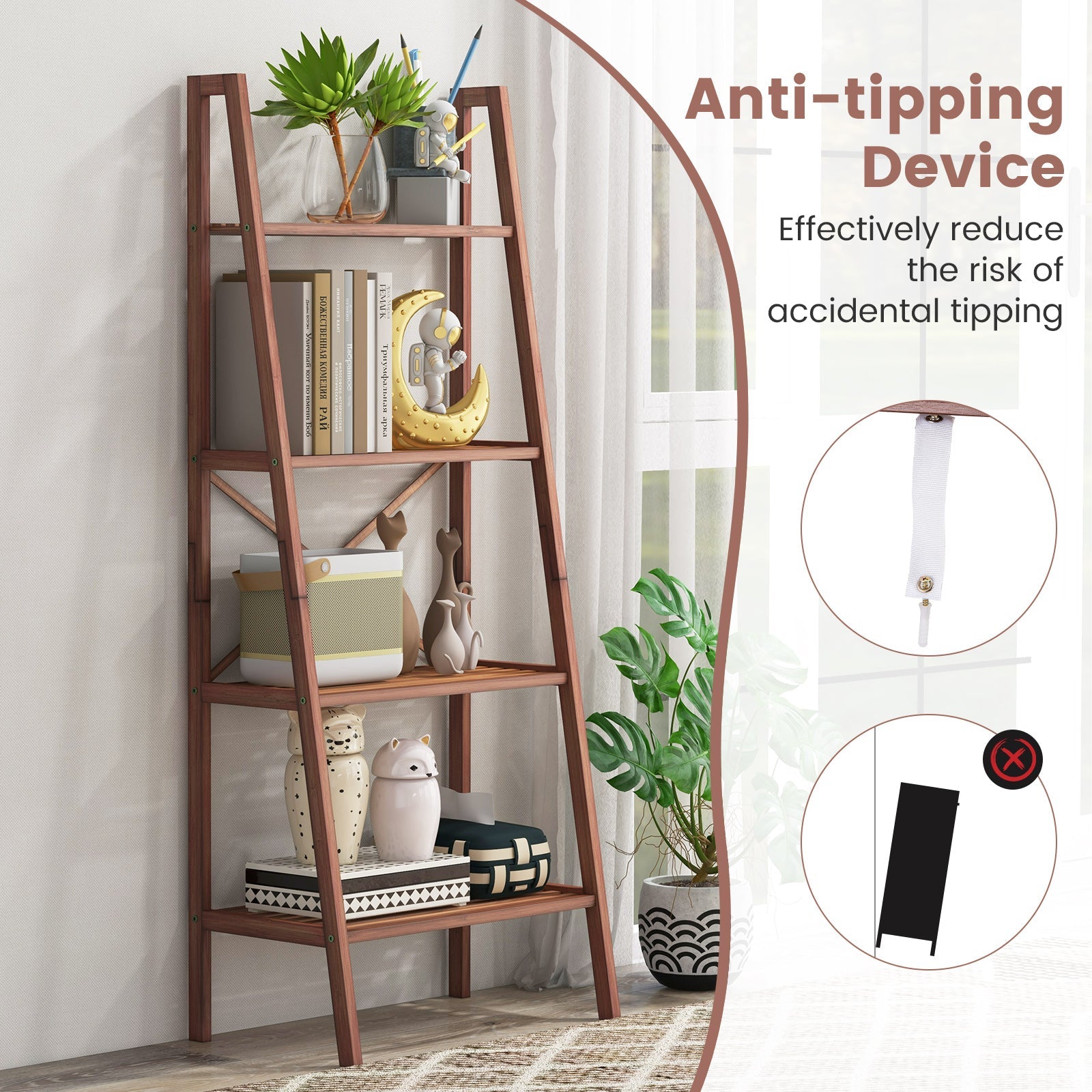 4-Tier Walnut Bamboo Ladder Bookcase with 4 shelves by DirectDeals on Tampa Home & Garden Store