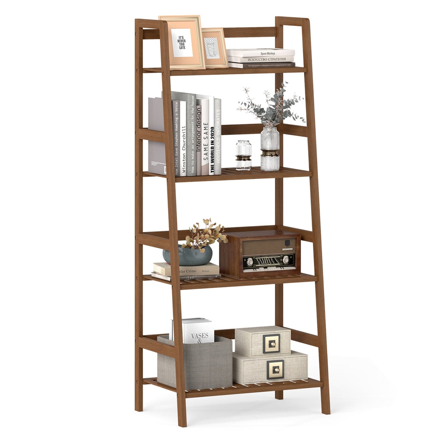 4-Tier Bamboo Plant Rack with Guardrails Stable and Space-Saving-Natural