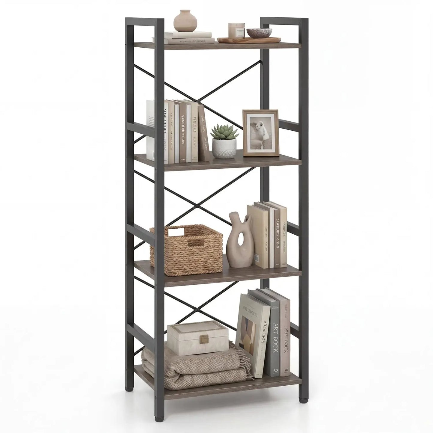 Narrow Freestanding 4-Tier Bookshelf Metal Frame