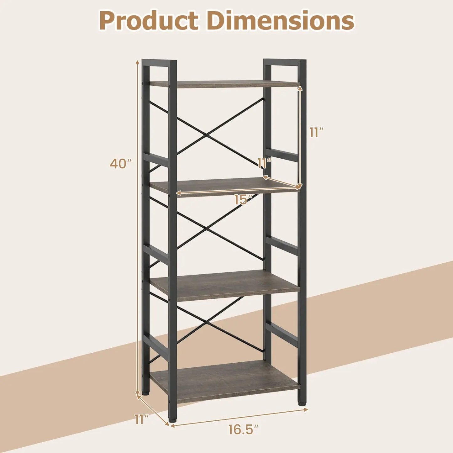 Narrow Freestanding 4-Tier Bookshelf Metal Frame