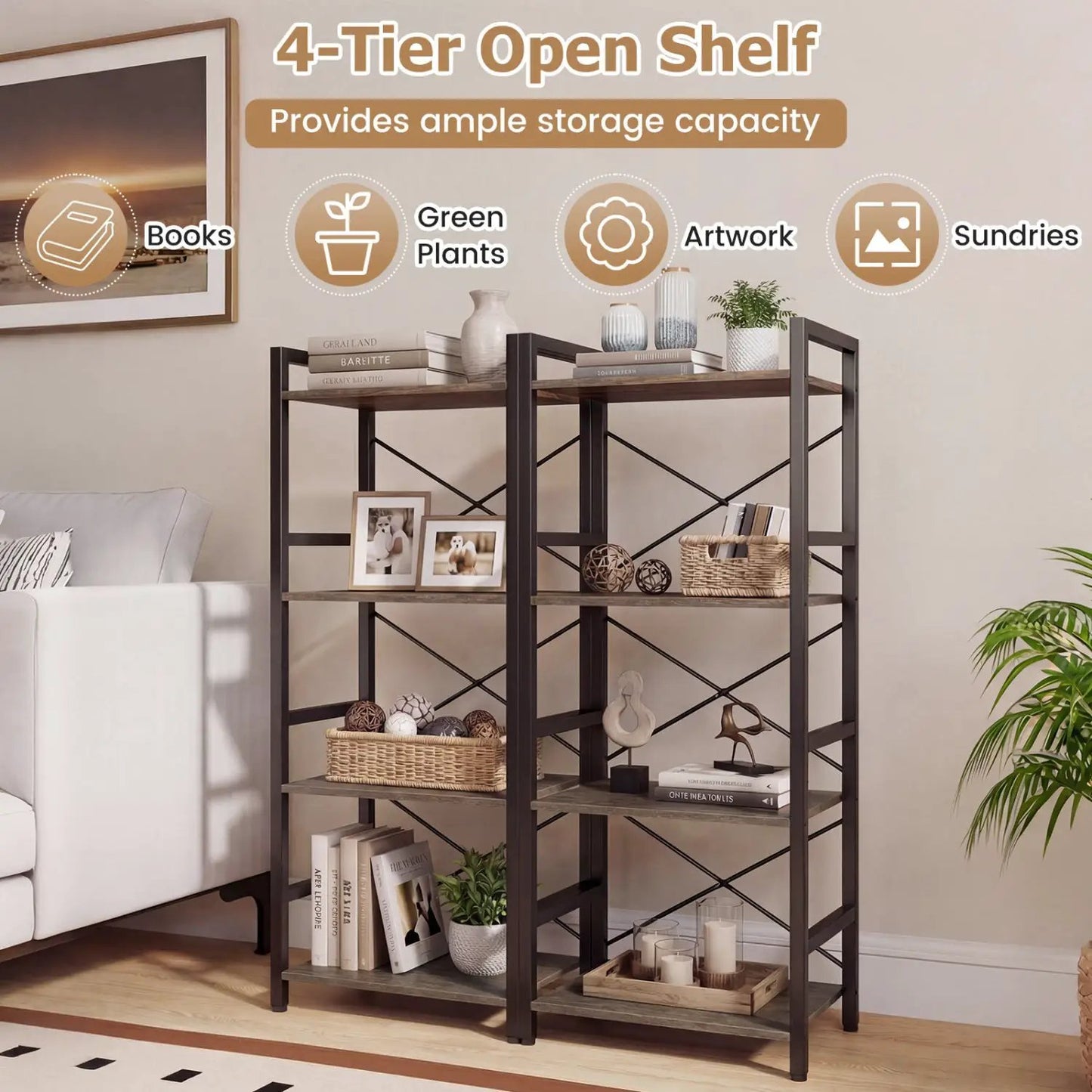 Narrow Freestanding 4-Tier Bookshelf Metal Frame
