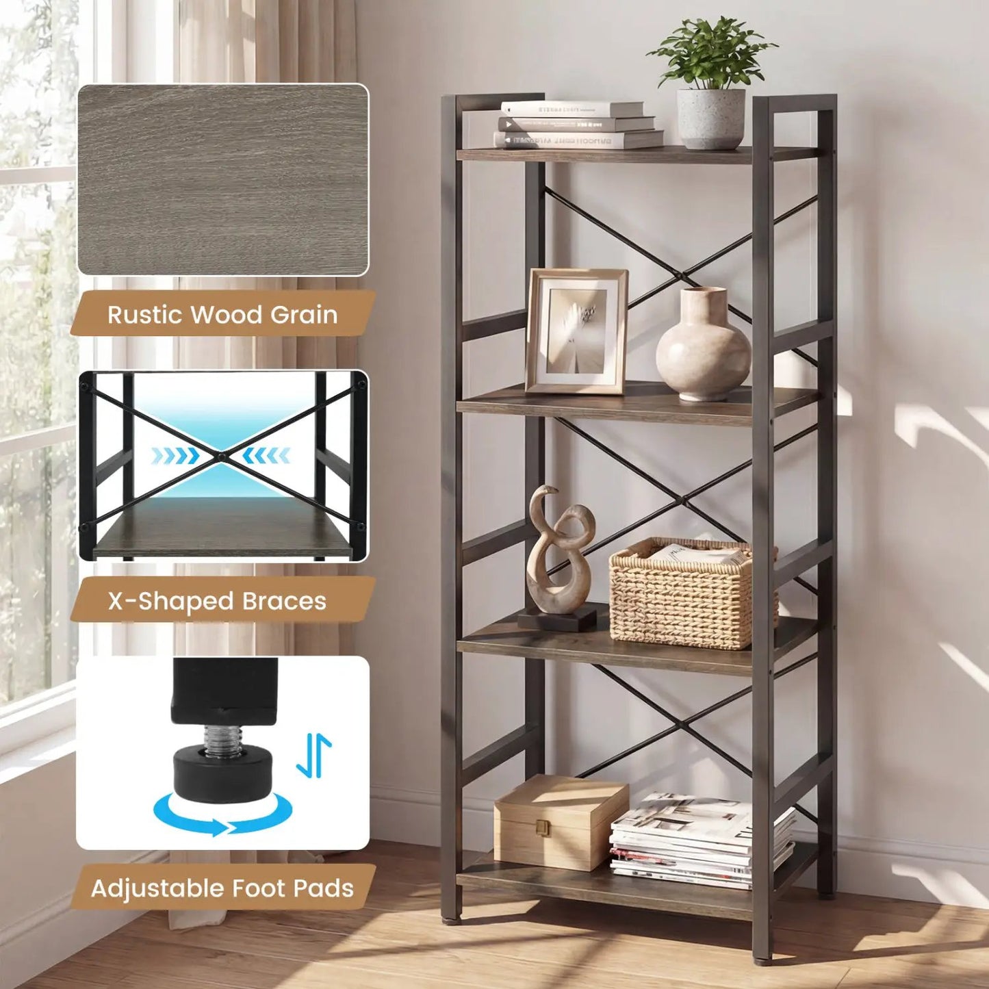 Narrow Freestanding 4-Tier Bookshelf Metal Frame