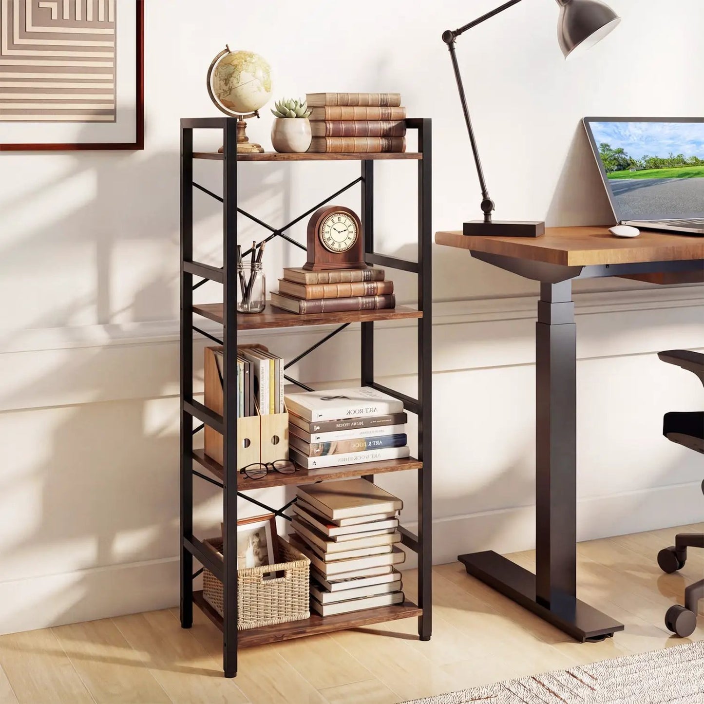 Narrow Freestanding 4-Tier Bookshelf Metal Frame
