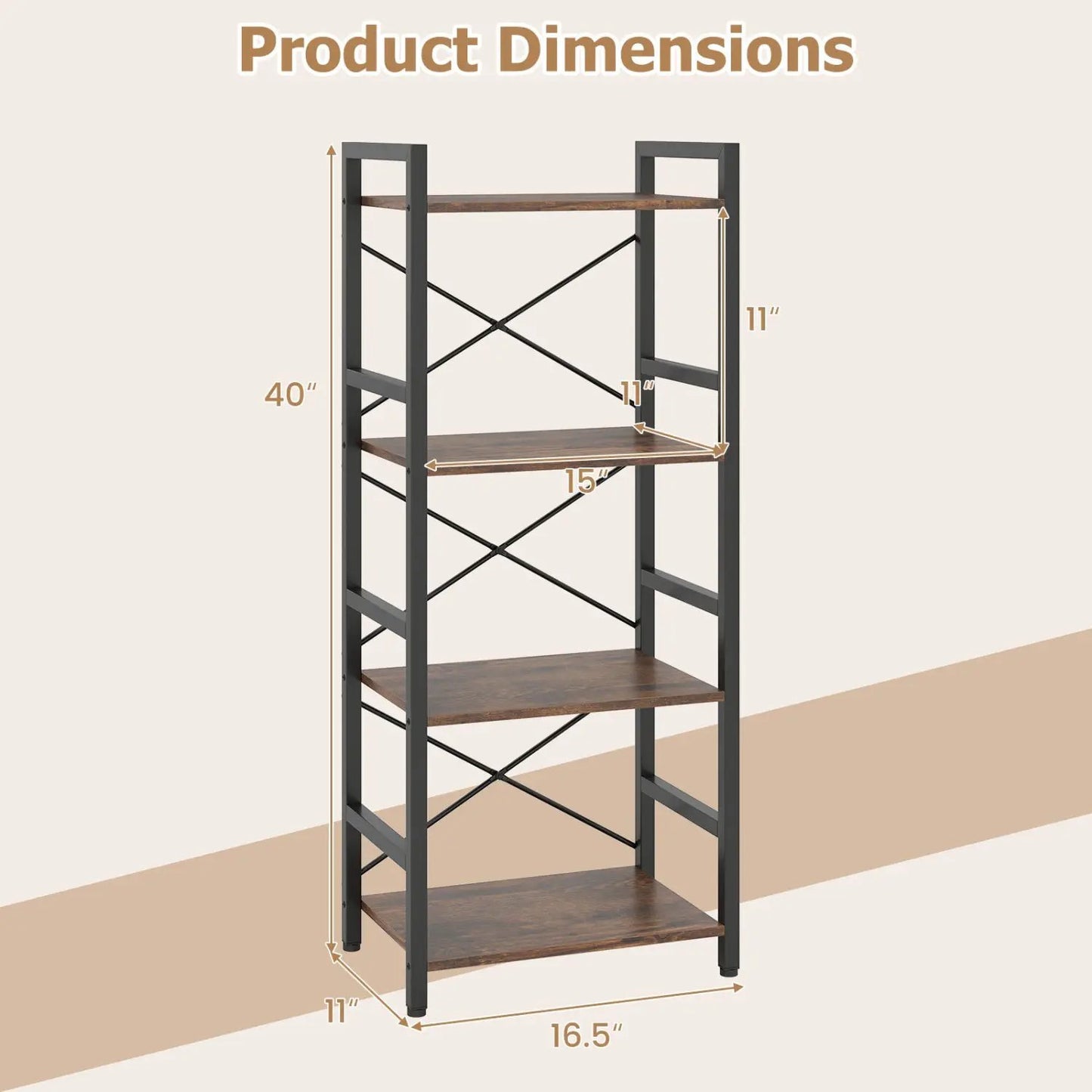 Narrow Freestanding 4-Tier Bookshelf Metal Frame