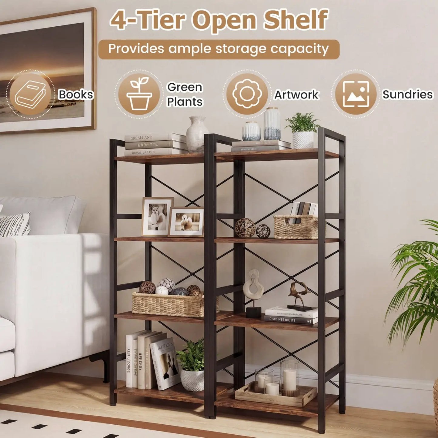 Narrow Freestanding 4-Tier Bookshelf Metal Frame