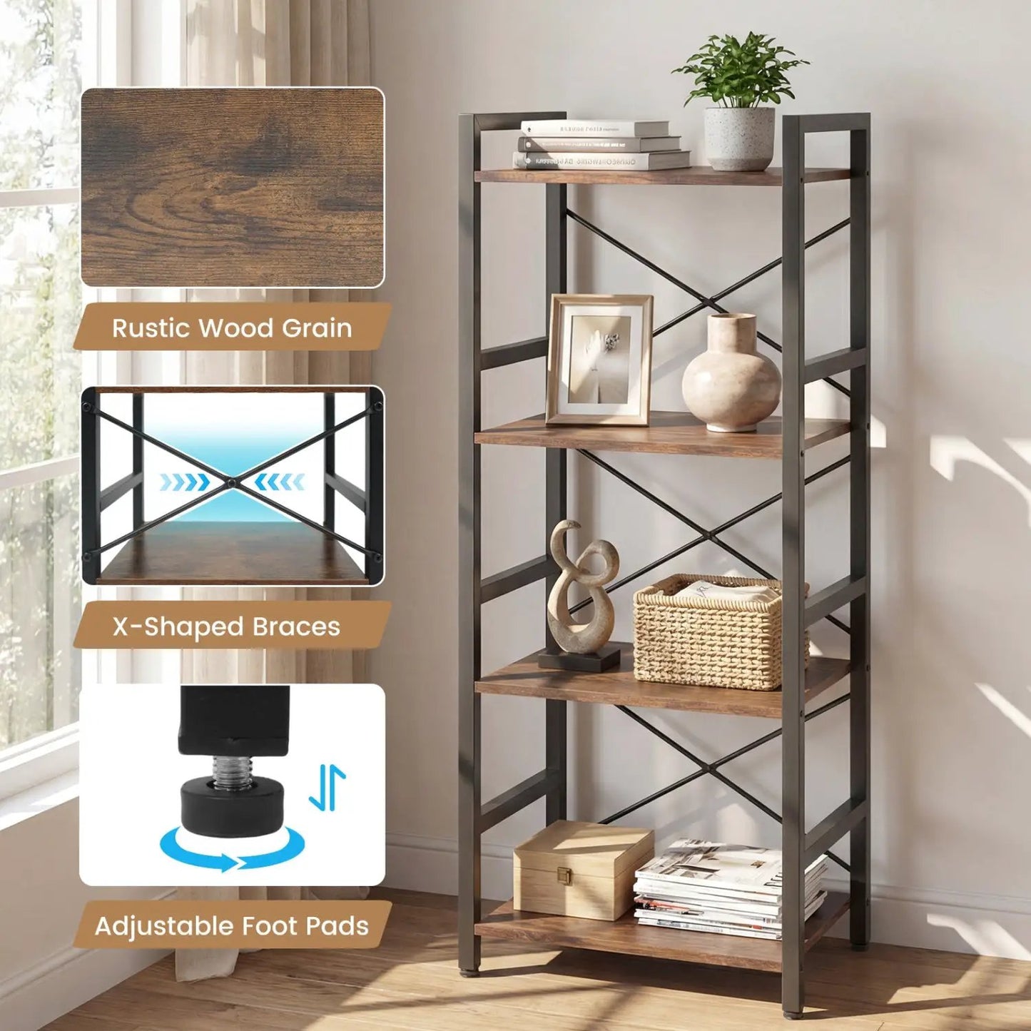 Narrow Freestanding 4-Tier Bookshelf Metal Frame