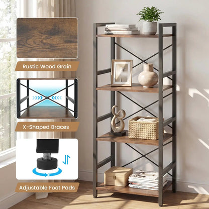 Narrow Freestanding 4-Tier Bookshelf Metal Frame