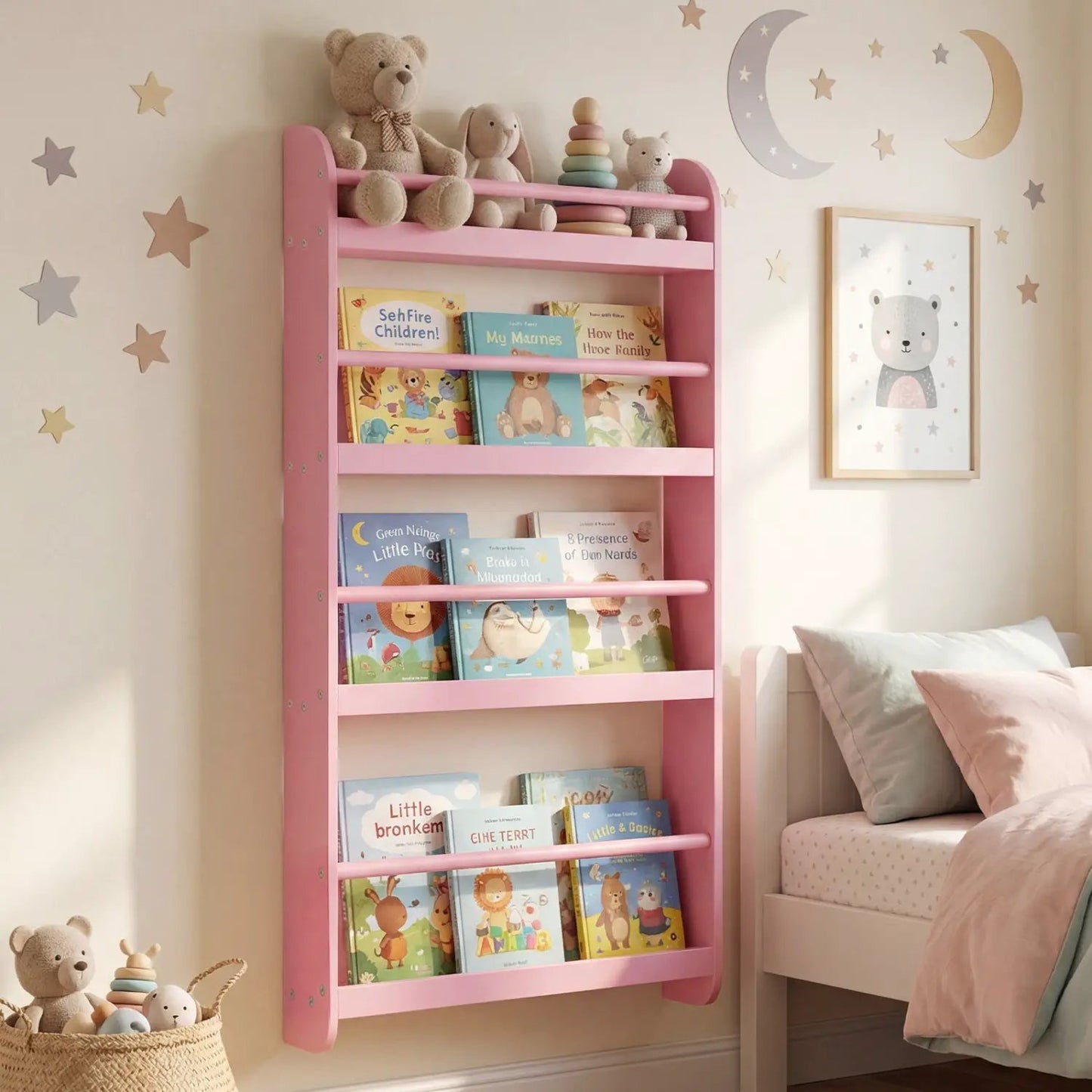 4-Tier Wall Mounted Bookshelf with Safety Rails