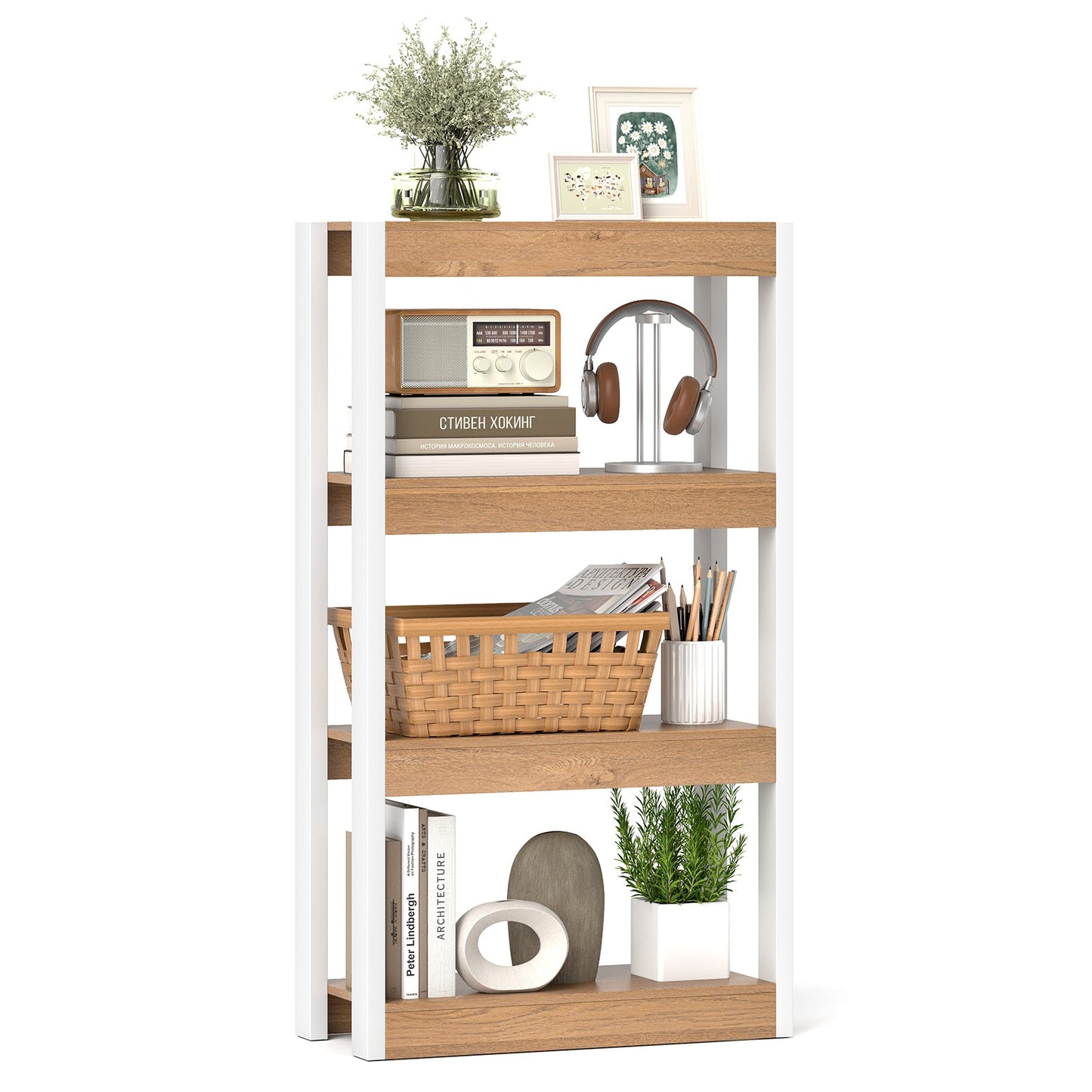 4 Tier Bookshelf Wooden Bookcase with Dual Anti-Tipping Kits-Rustic Brown