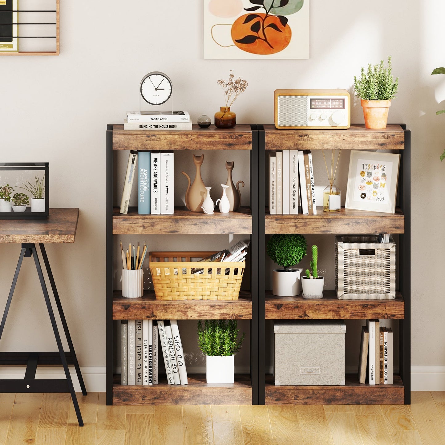 4 Tier Bookshelf Wooden Bookcase with Dual Anti-Tipping Kits-Rustic Brown