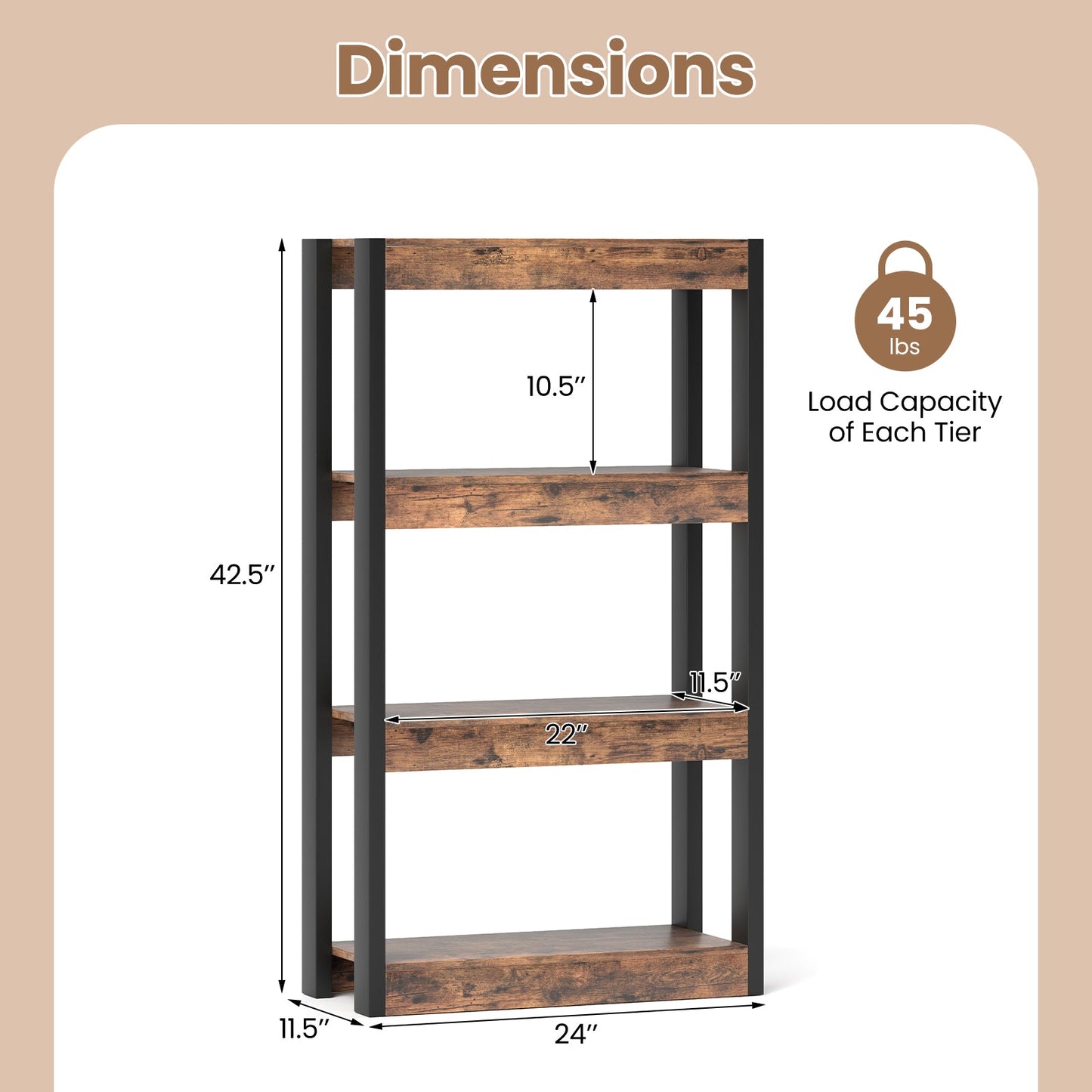 4 Tier Bookshelf Wooden Bookcase with Dual Anti-Tipping Kits-Rustic Brown