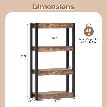 4 Tier Bookshelf Wooden Bookcase with Dual Anti-Tipping Kits-Rustic Brown