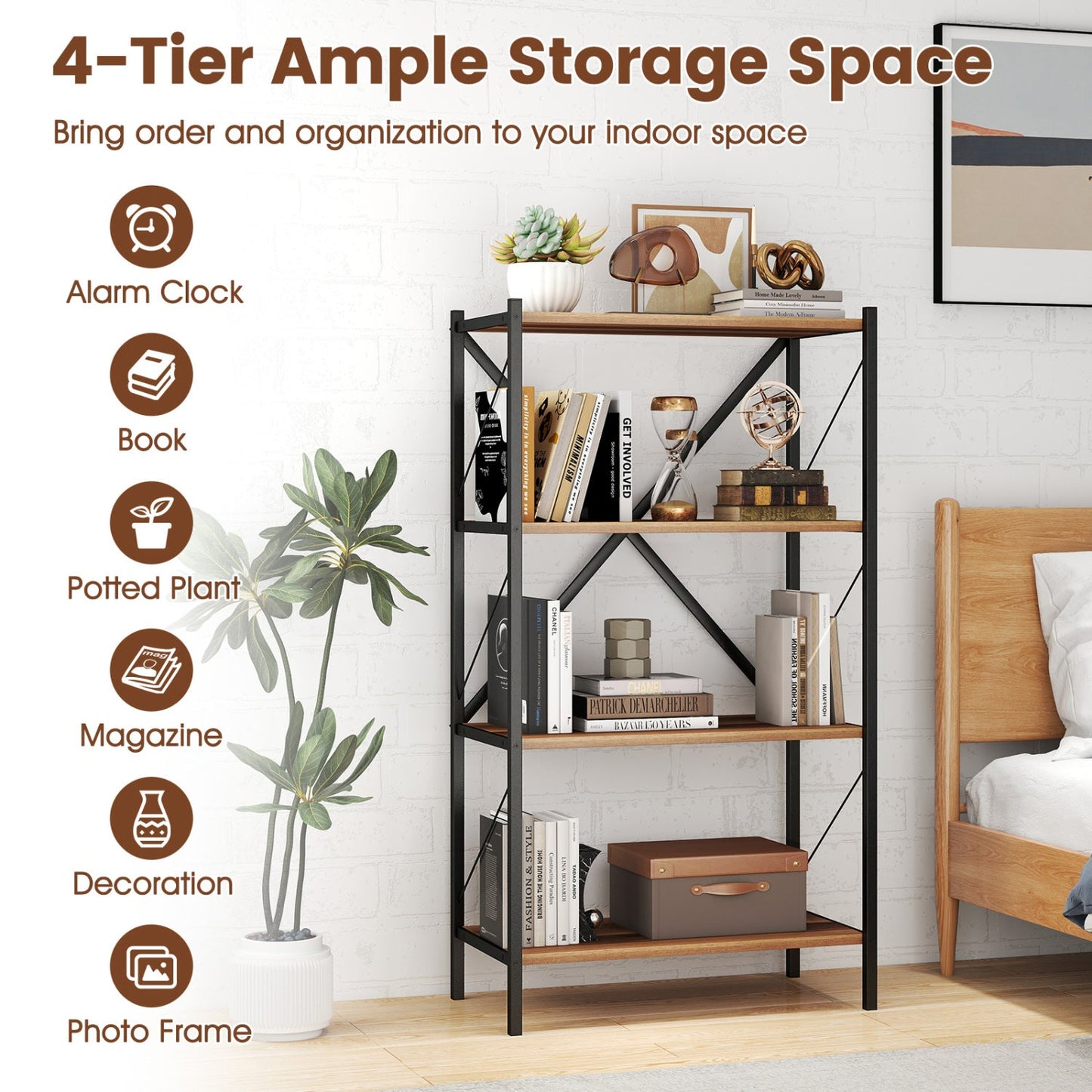 4-Tier Bookshelf with Heavy-Duty Metal Frame