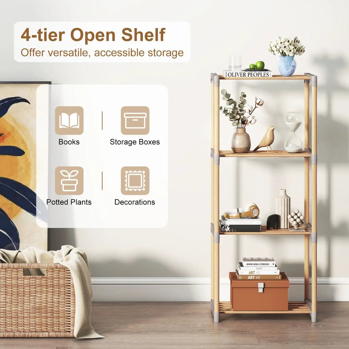 5-Tier Pine Wood Bookshelf with Open Shelves