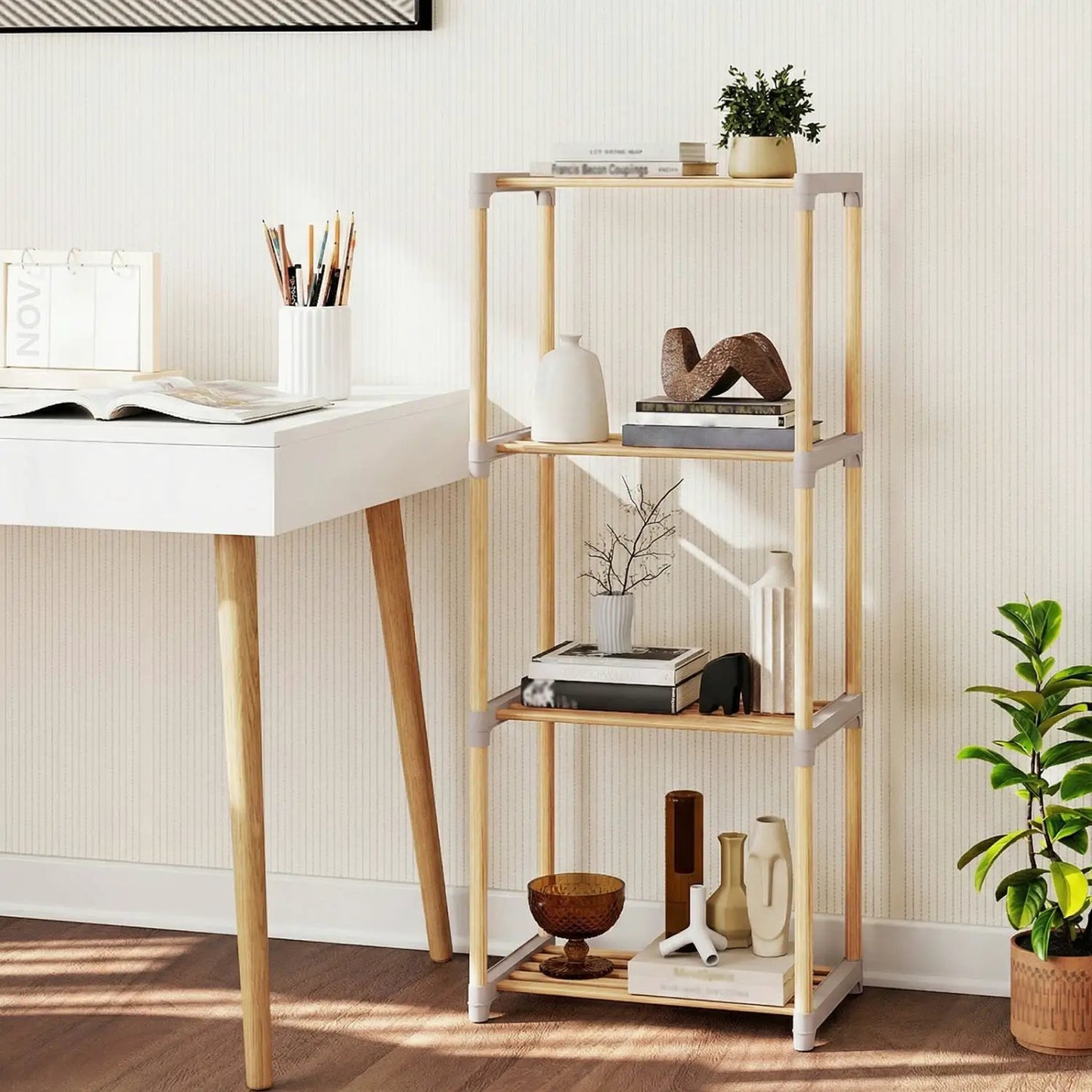 5-Tier Pine Wood Bookshelf with Open Shelves