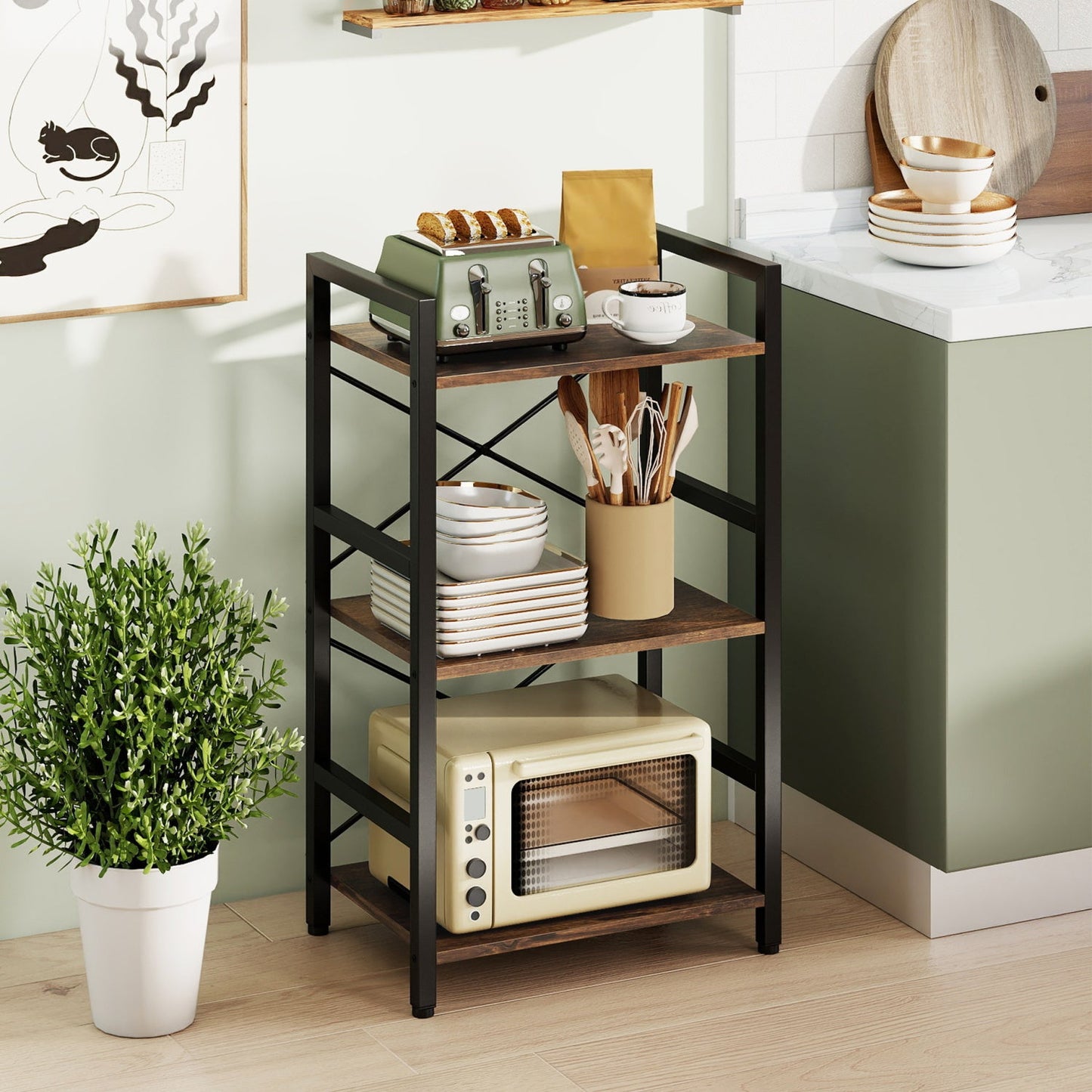 Four Tier Shelf with Metal Frame and Wood Racks