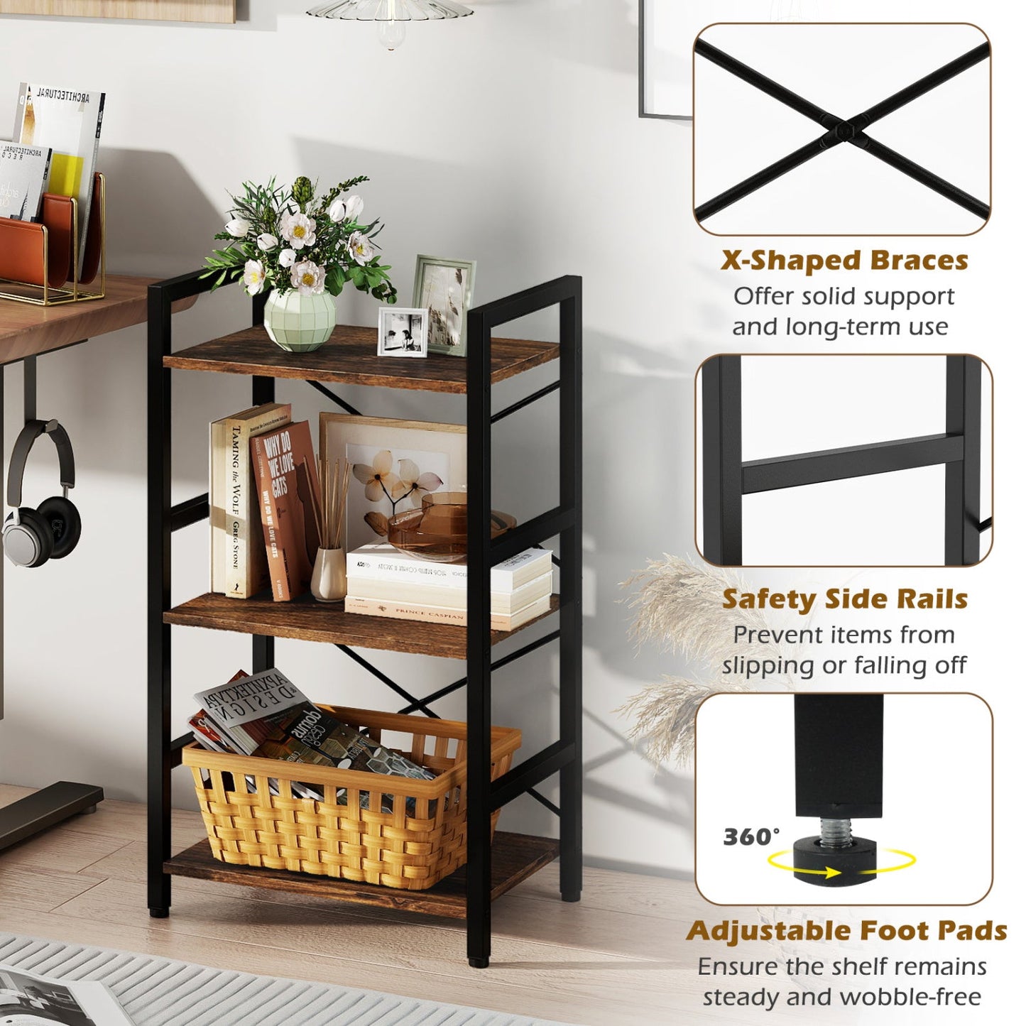 Four Tier Shelf with Metal Frame and Wood Racks