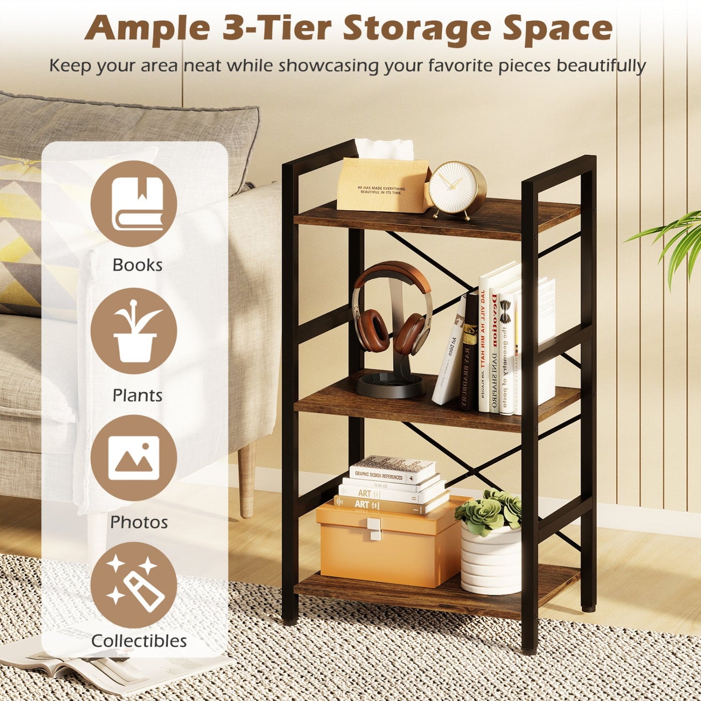 Four Tier Shelf with Metal Frame and Wood Racks