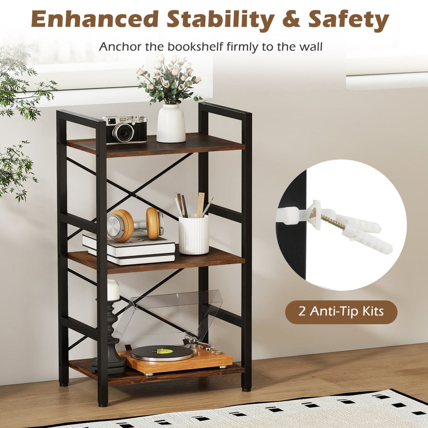Four Tier Shelf with Metal Frame and Wood Racks