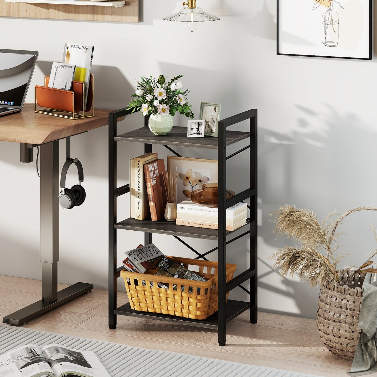 Four Tier Shelf with Metal Frame and Wood Racks