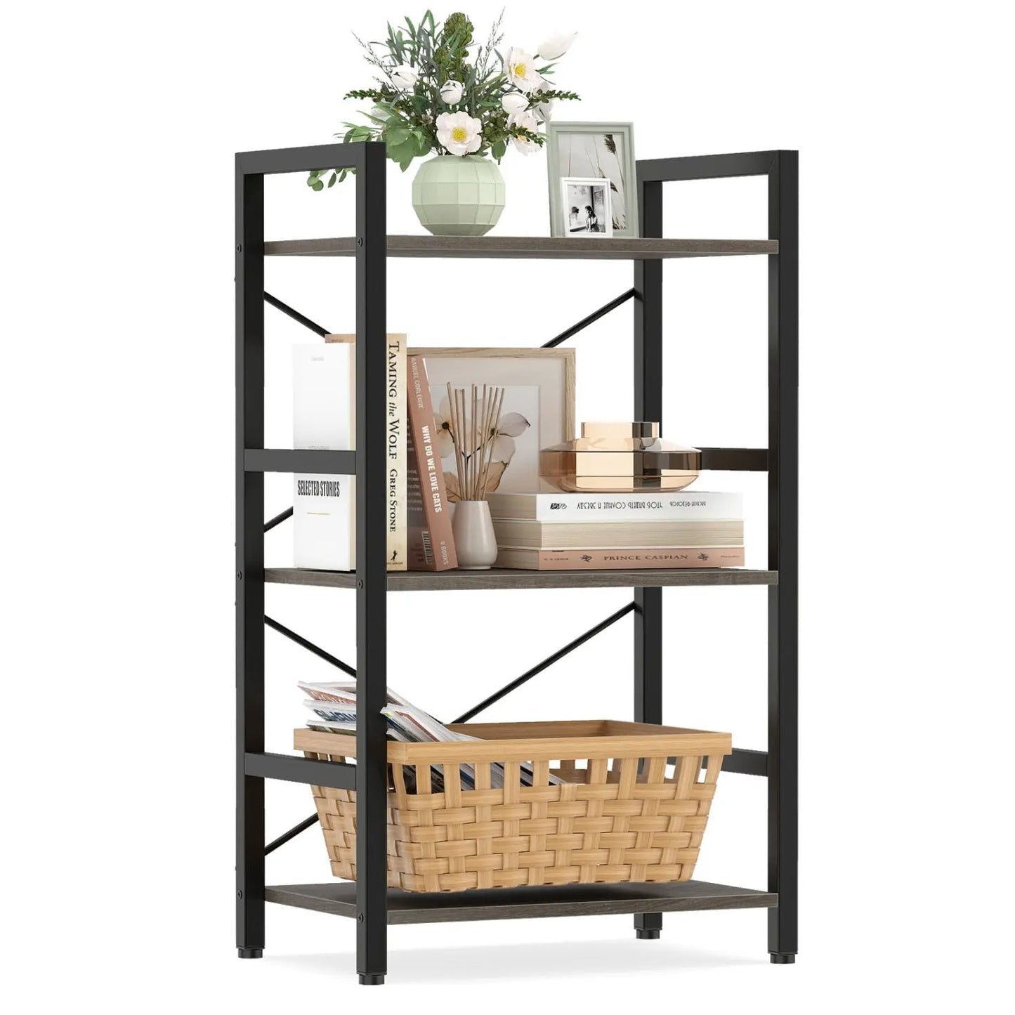 Four Tier Shelf with Metal Frame and Wood Racks