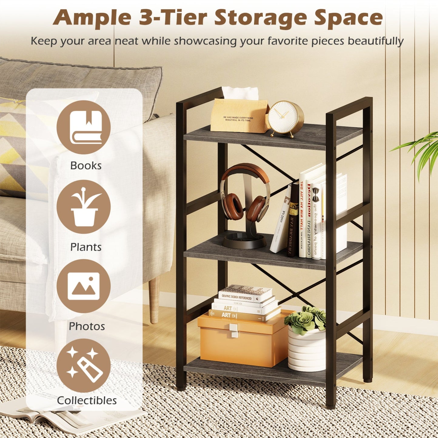 Four Tier Shelf with Metal Frame and Wood Racks