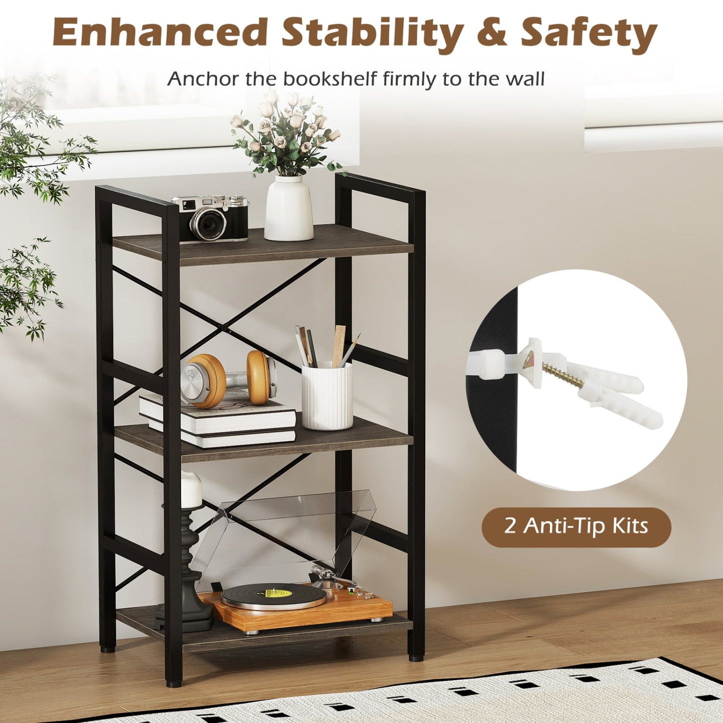 Four Tier Shelf with Metal Frame and Wood Racks